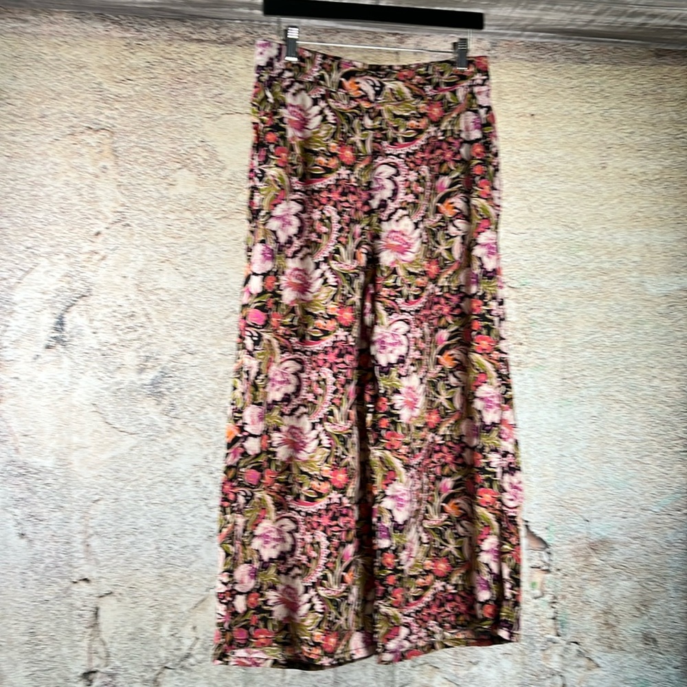 Joie 100% Linen Dark Floral Side Pockets Wide Leg Pants - Size L   MN110